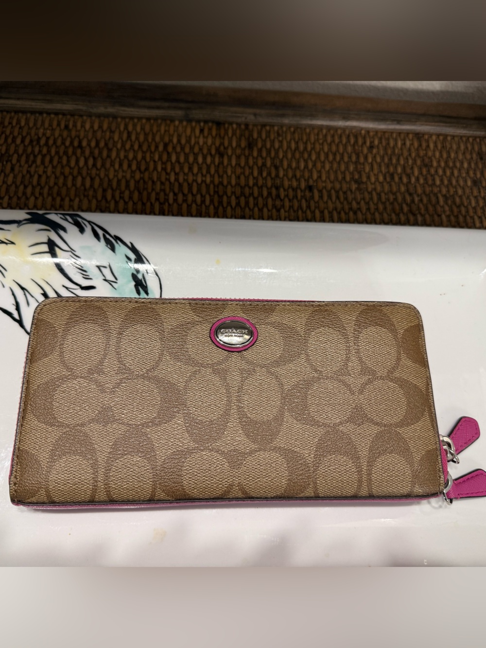Coach Beige Signature Zip Wallet with Pink Trim
